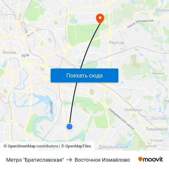 Метро "Братиславская" to Восточное Измайлово map