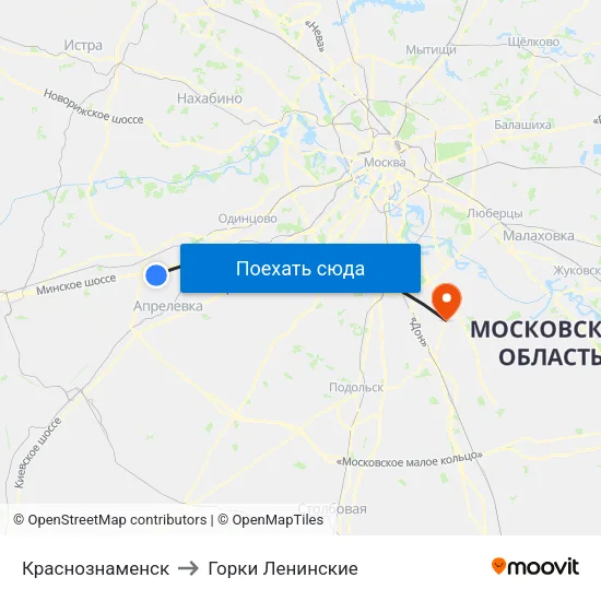 Краснознаменск to Горки Ленинские map