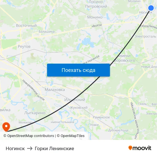Ногинск to Горки Ленинские map