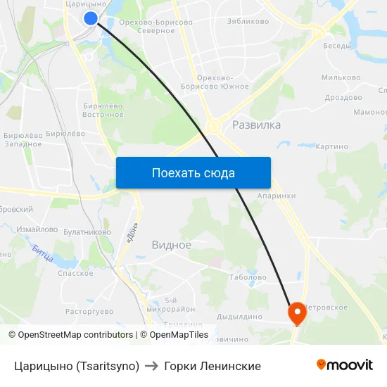 Царицыно (Tsaritsyno) to Горки Ленинские map