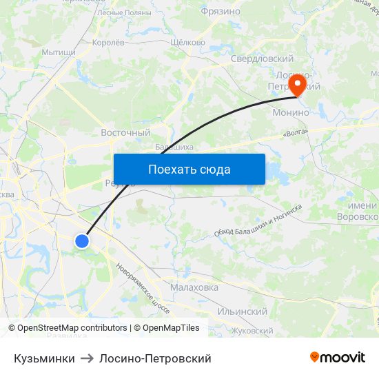 Кузьминки to Лосино-Петровский map