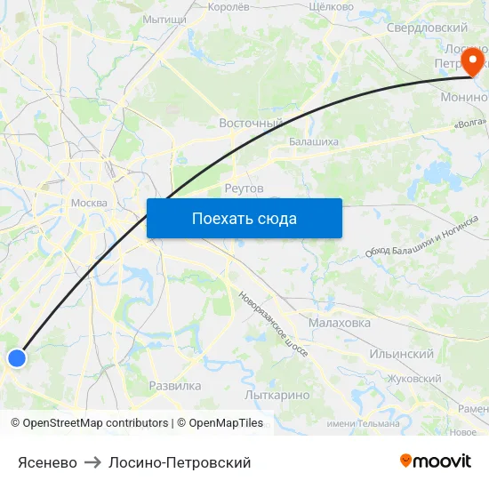 Ясенево to Лосино-Петровский map