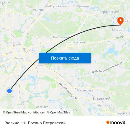 Зюзино to Лосино-Петровский map