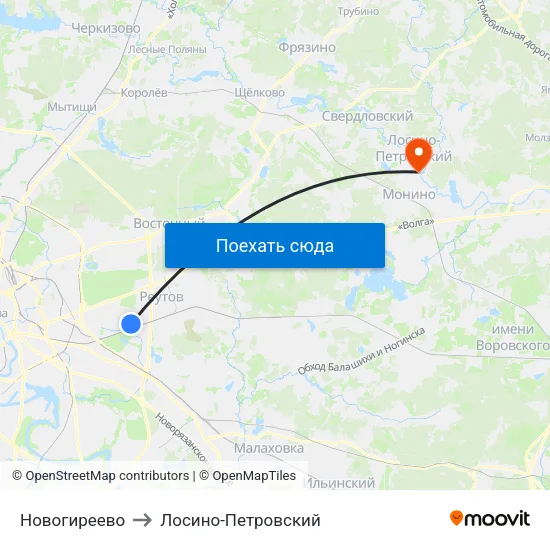 Новогиреево to Лосино-Петровский map