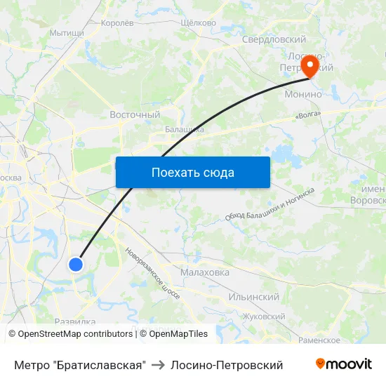 Метро "Братиславская" to Лосино-Петровский map