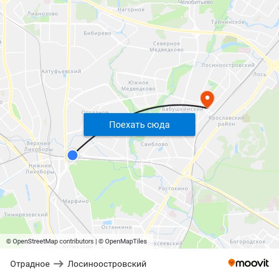 Отрадное to Лосиноостровский map