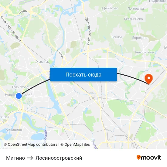 Митино to Лосиноостровский map