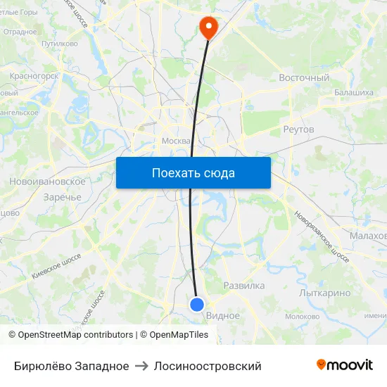 Бирюлёво Западное to Лосиноостровский map