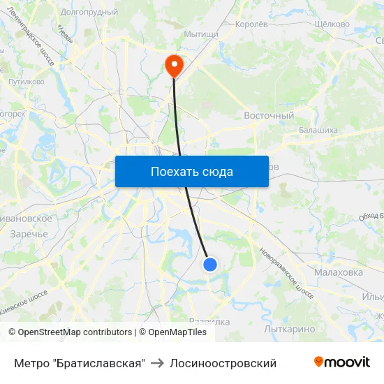 Метро "Братиславская" to Лосиноостровский map