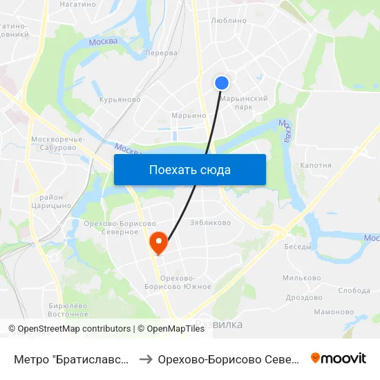 Метро "Братиславская" to Орехово-Борисово Северное map