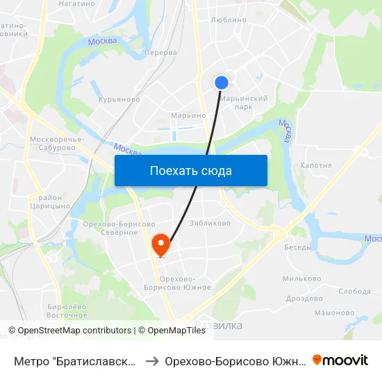 Метро "Братиславская" to Орехово-Борисово Южное map