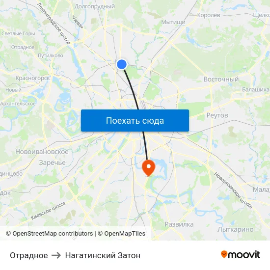 Отрадное to Нагатинский Затон map