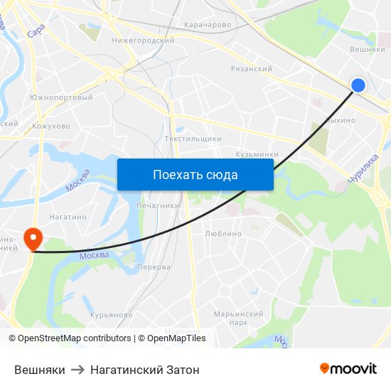 Вешняки to Нагатинский Затон map