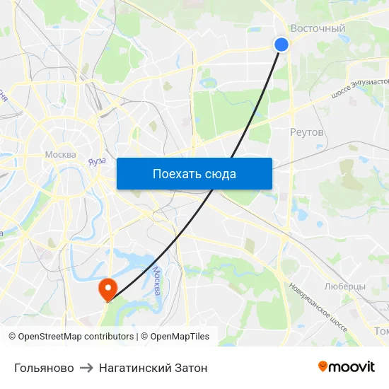 Гольяново to Нагатинский Затон map