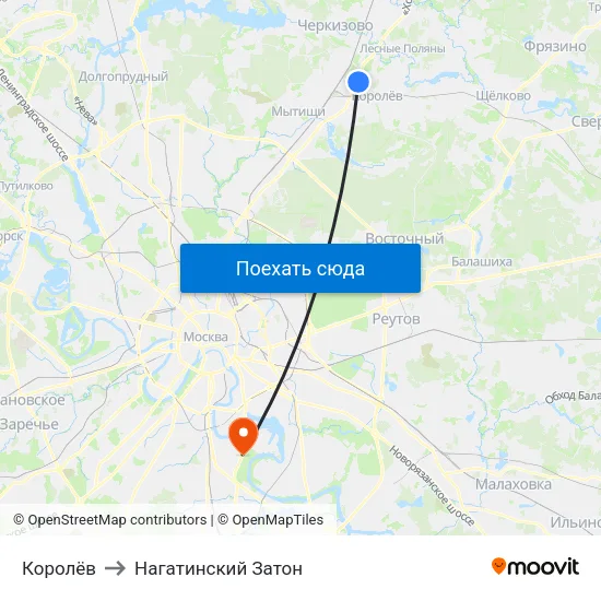 Королёв to Нагатинский Затон map