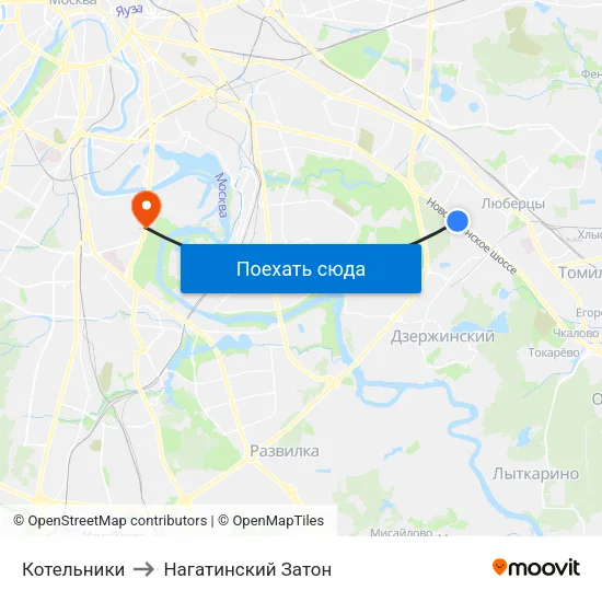 Котельники to Нагатинский Затон map