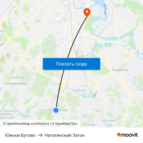 Южное Бутово to Нагатинский Затон map