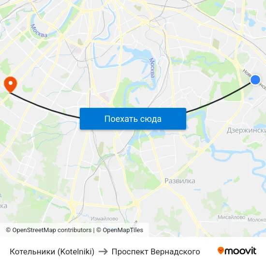 Котельники (Kotelniki) to Проспект Вернадского map