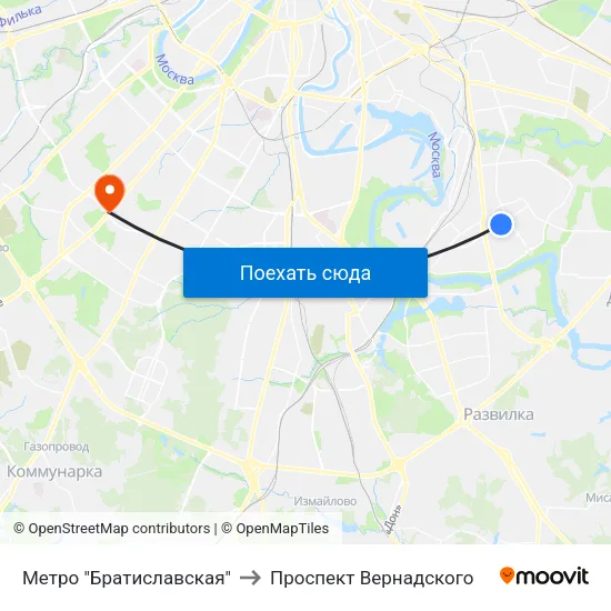Метро "Братиславская" to Проспект Вернадского map