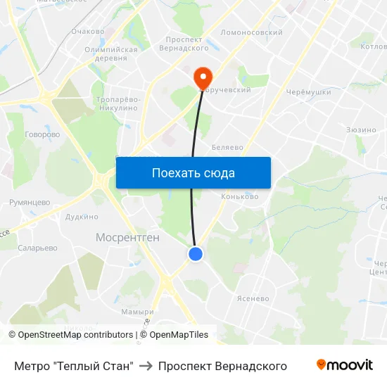 Метро "Теплый Стан" to Проспект Вернадского map