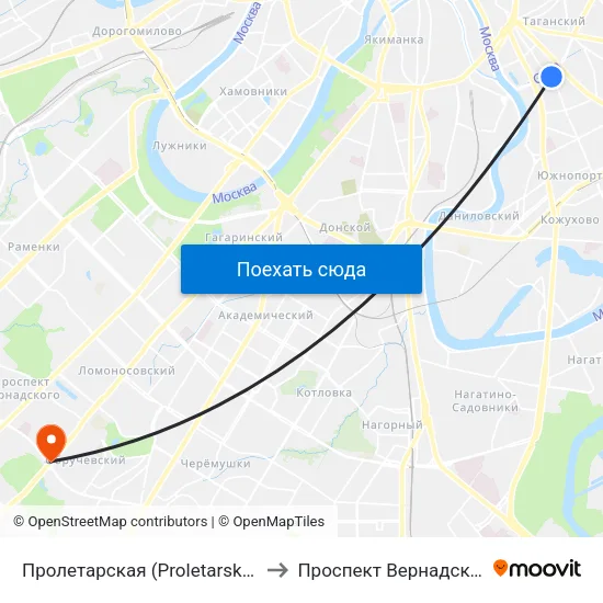 Пролетарская (Proletarskaya) to Проспект Вернадского map