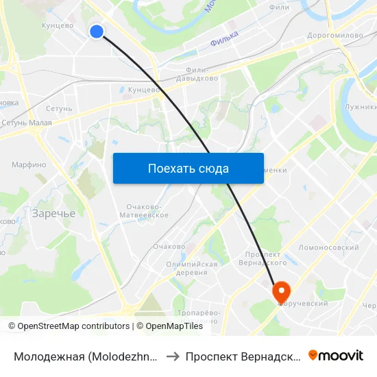 Молодежная (Molodezhnaya) to Проспект Вернадского map