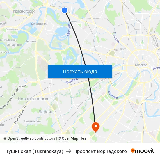 Тушинская (Tushinskaya) to Проспект Вернадского map