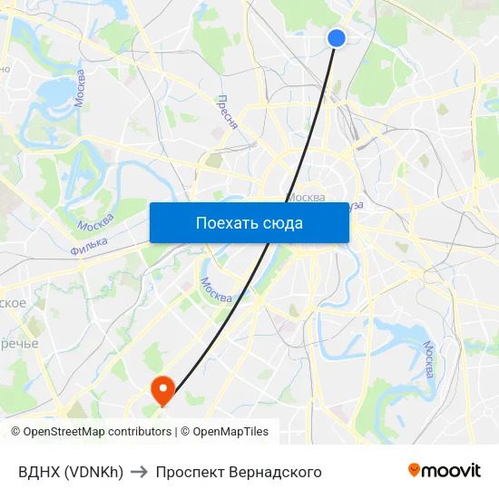 ВДНХ (VDNKh) to Проспект Вернадского map