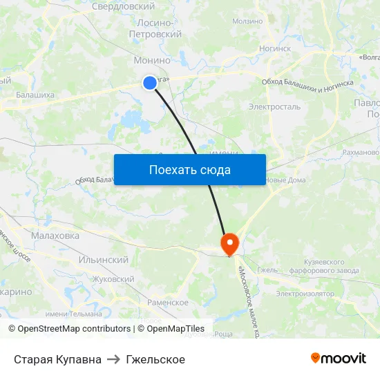 Старая Купавна to Гжельское map