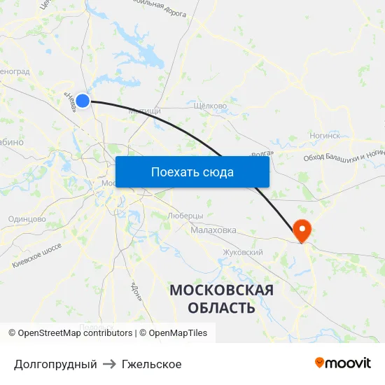 Долгопрудный to Гжельское map