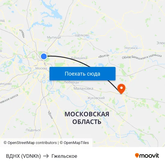 ВДНХ (VDNKh) to Гжельское map
