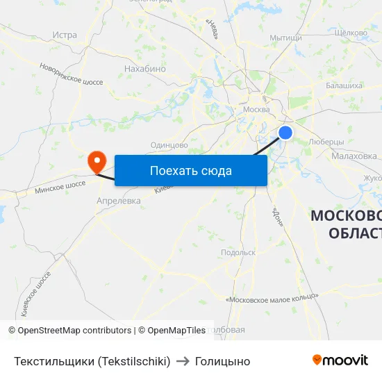 Текстильщики (Tekstilschiki) to Голицыно map