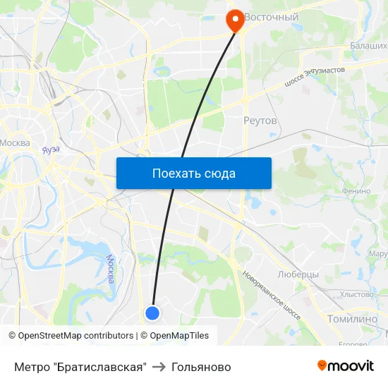Метро "Братиславская" to Гольяново map