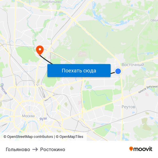 Гольяново to Ростокино map