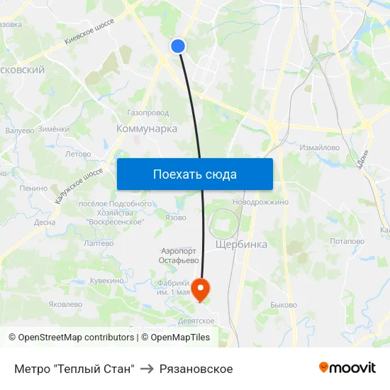 Метро "Теплый Стан" to Рязановское map