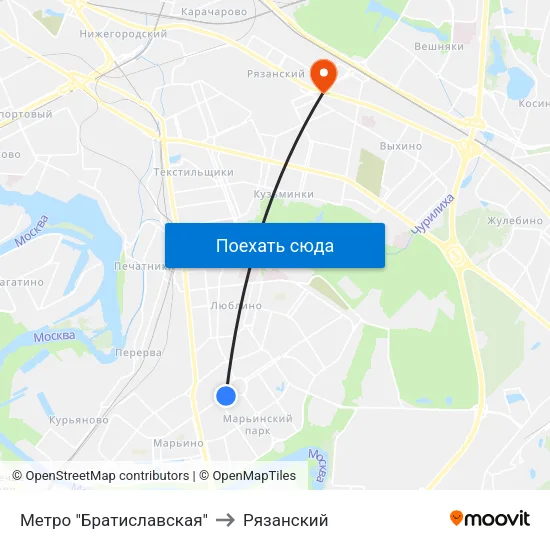 Метро "Братиславская" to Рязанский map
