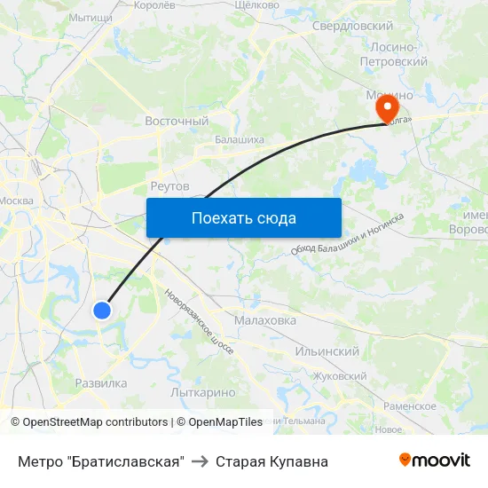 Метро "Братиславская" to Старая Купавна map