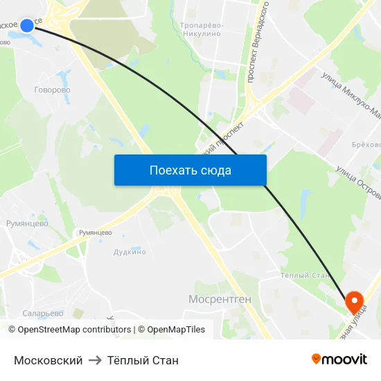Московский to Тёплый Стан map