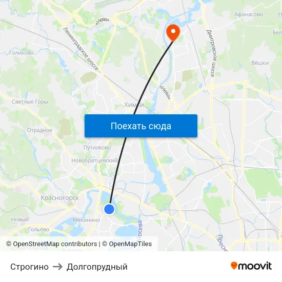 Строгино to Долгопрудный map