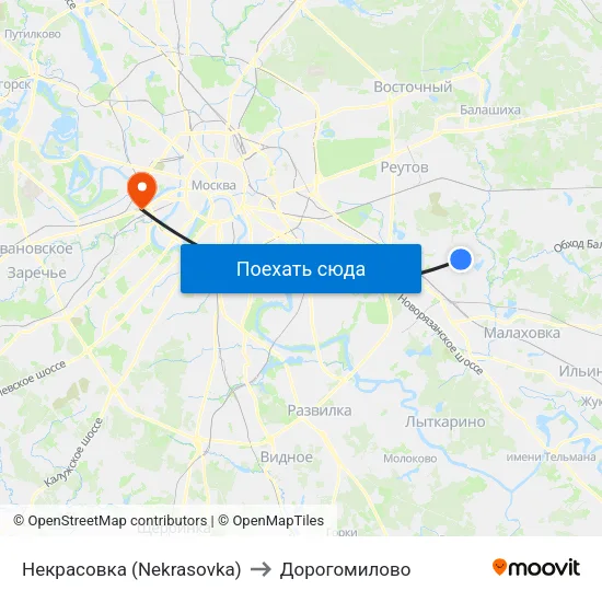 Некрасовка (Nekrasovka) to Дорогомилово map