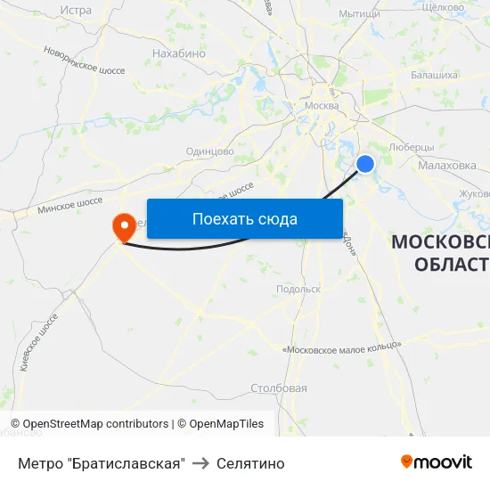 Метро "Братиславская" to Селятино map