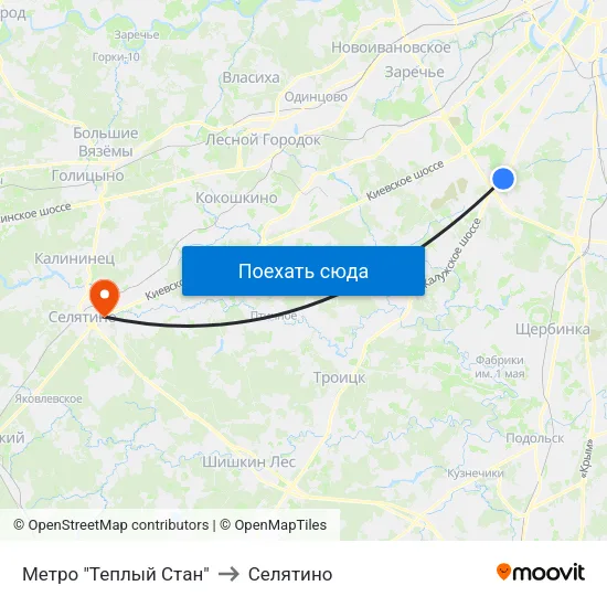 Метро "Теплый Стан" to Селятино map