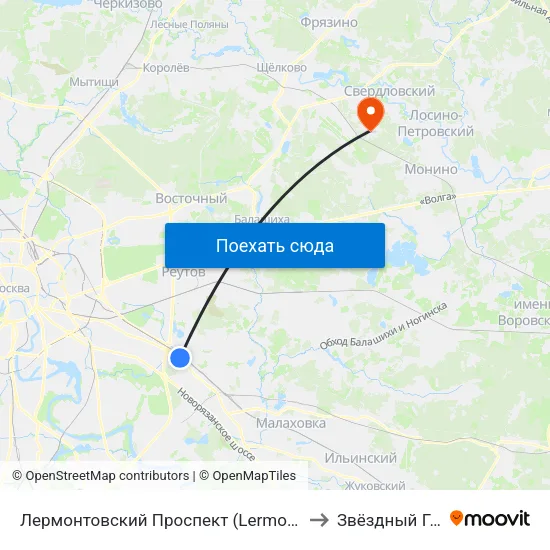 Лермонтовский Проспект (Lermontovsky Prospekt) to Звёздный Городок map