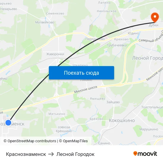 Краснознаменск to Лесной Городок map