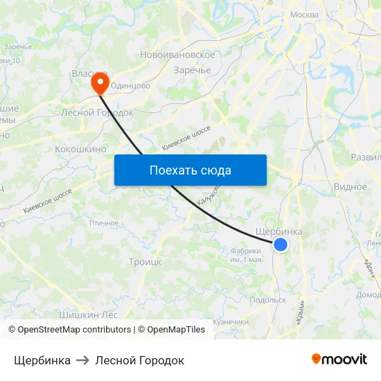 Щербинка to Лесной Городок map