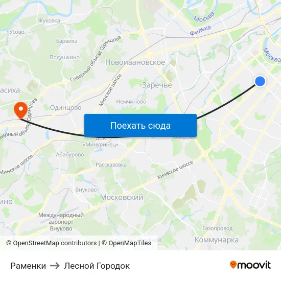 Раменки to Лесной Городок map