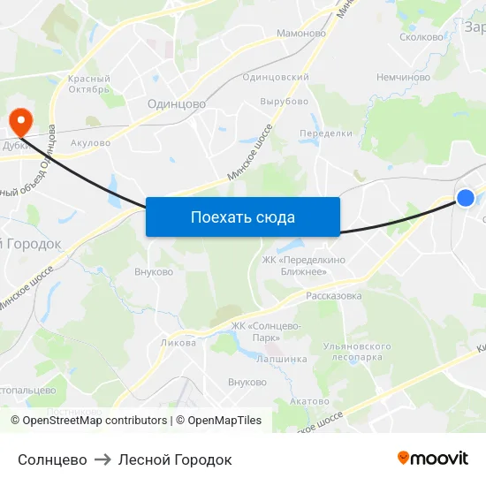 Солнцево to Лесной Городок map