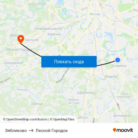 Зябликово to Лесной Городок map