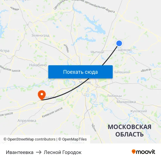 Ивантеевка to Лесной Городок map