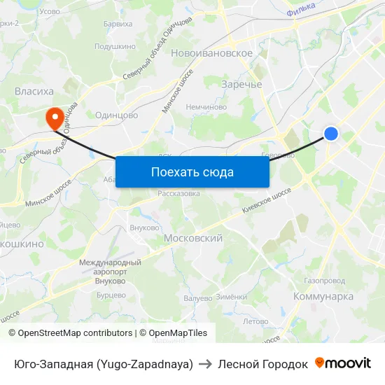 Юго-Западная (Yugo-Zapadnaya) to Лесной Городок map